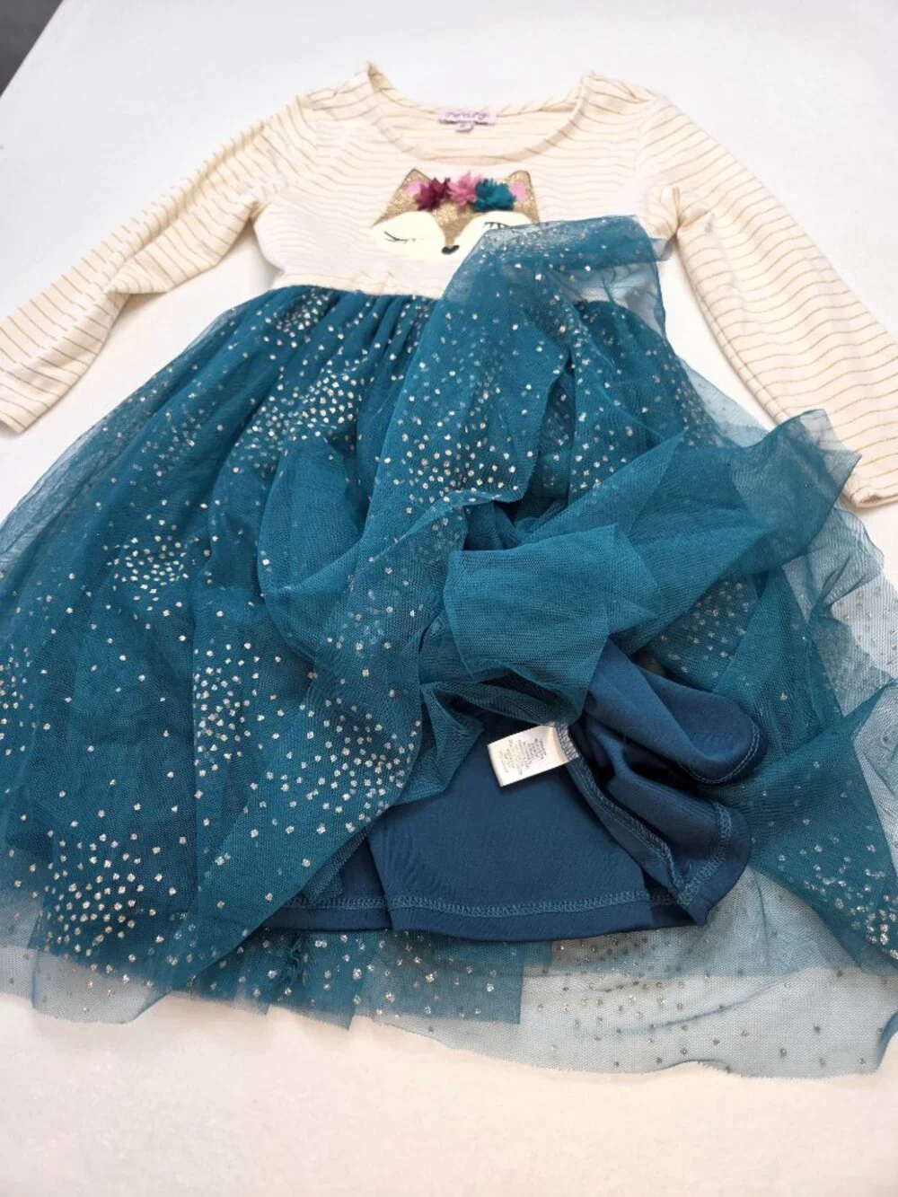 Chenault Girl Girls Dress Fox Appliqué Glitter Tulle Blue Cream Girls Size 6X